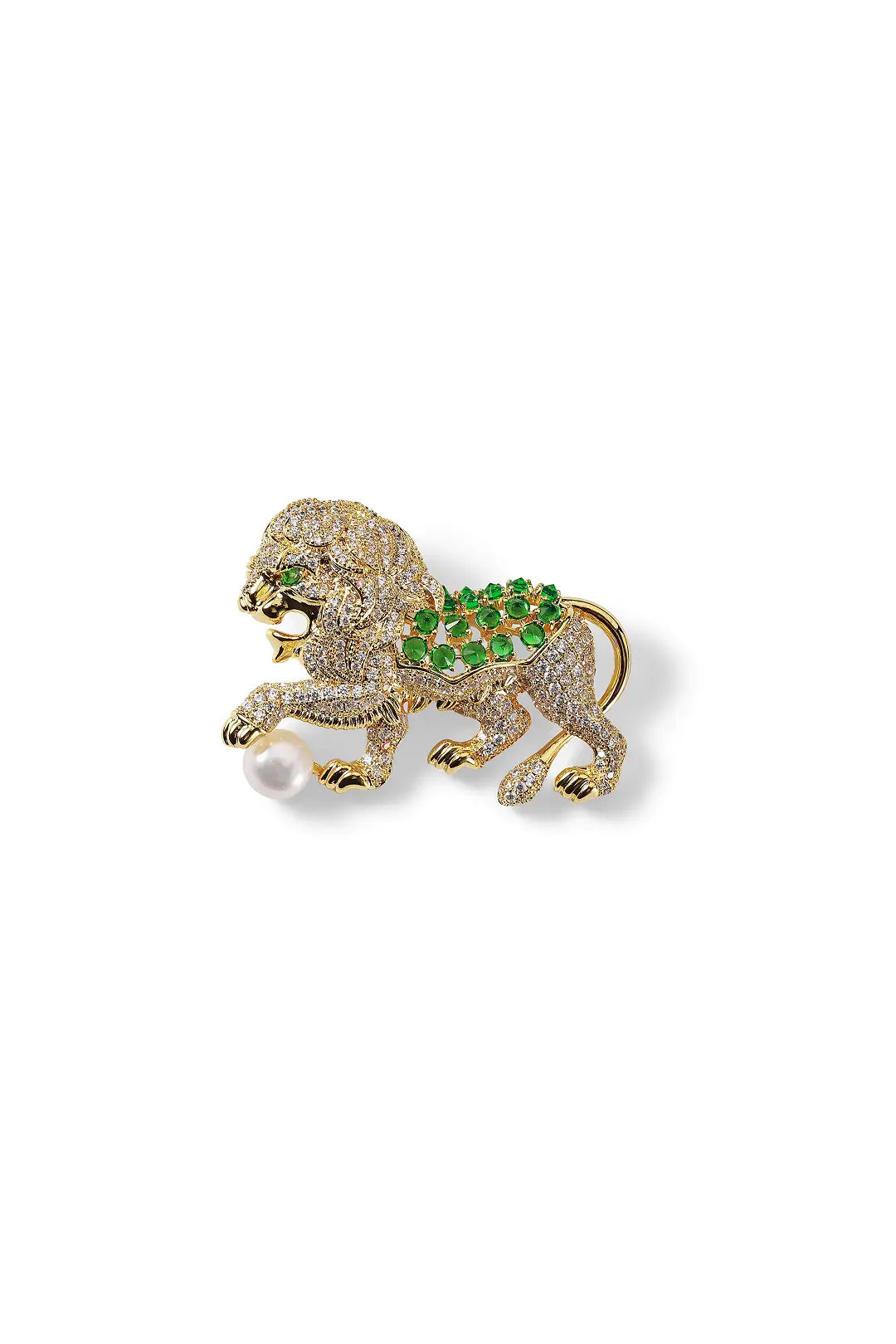Aiko Tanaka Shishio brooch, a gold lion set with clear crystals, green stones and a pearl, on a white background