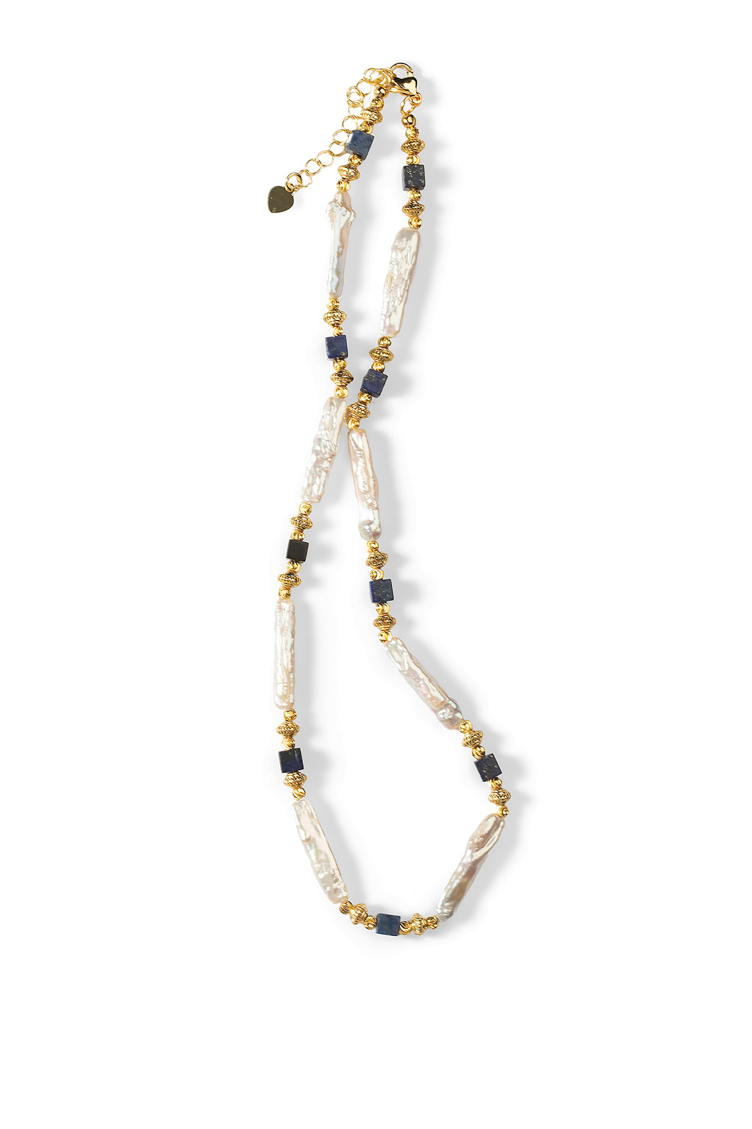 Aiko Tanaka Shizuku no Kage necklace of long white stick pearls with navy cube beads and gold spacers, on white