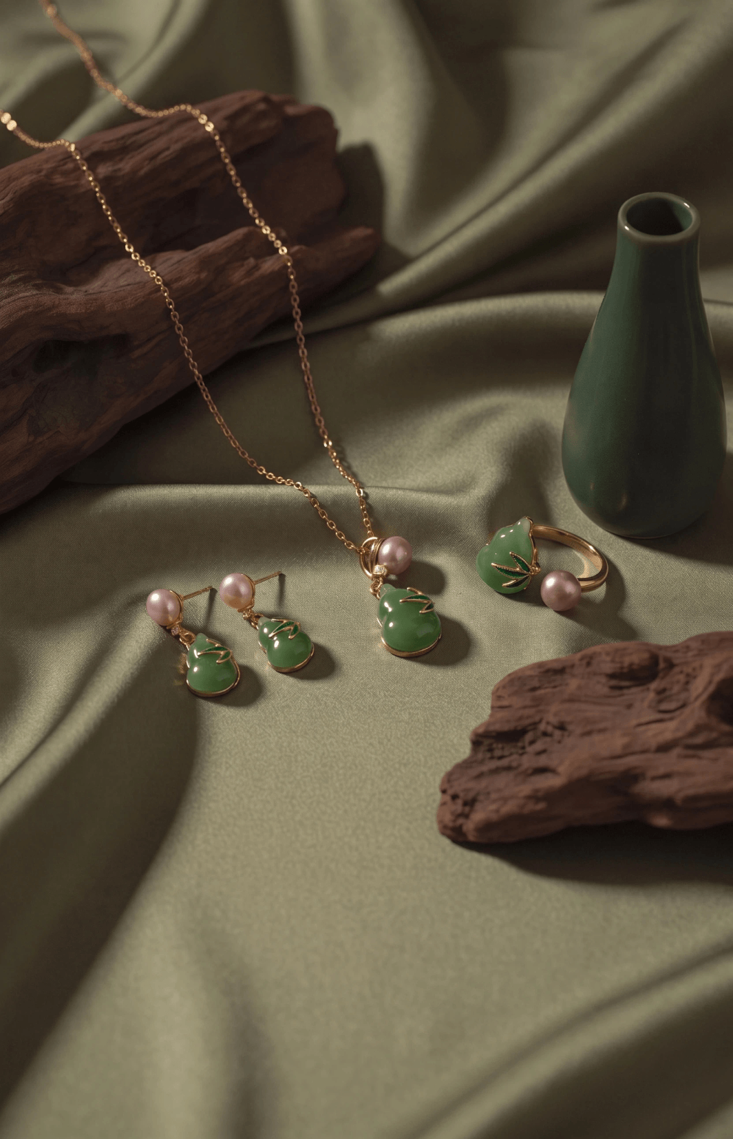 Aiko Tanaka Jade Dew set of a jade gourd necklace, earrings and ring on olive green fabric with dark wood