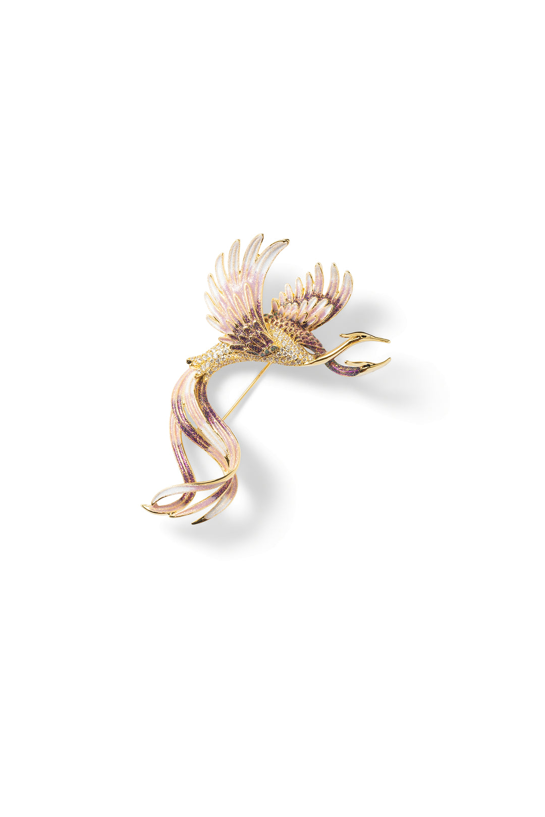 Aiko Tanaka Tsuru no Korin brooch, a gold crane with pink enamel wings and flowing tail feathers, on white