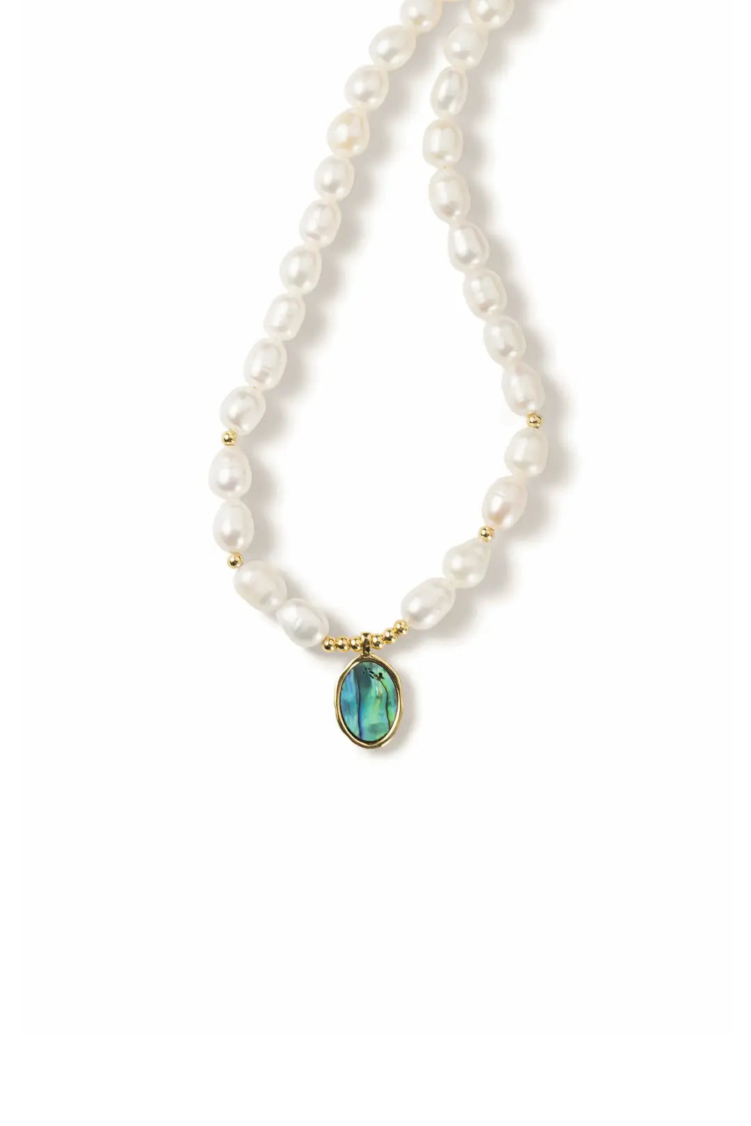 Aiko Tanaka Utsuro necklace, a strand of freshwater pearls with a small teal stone pendant, on a white background