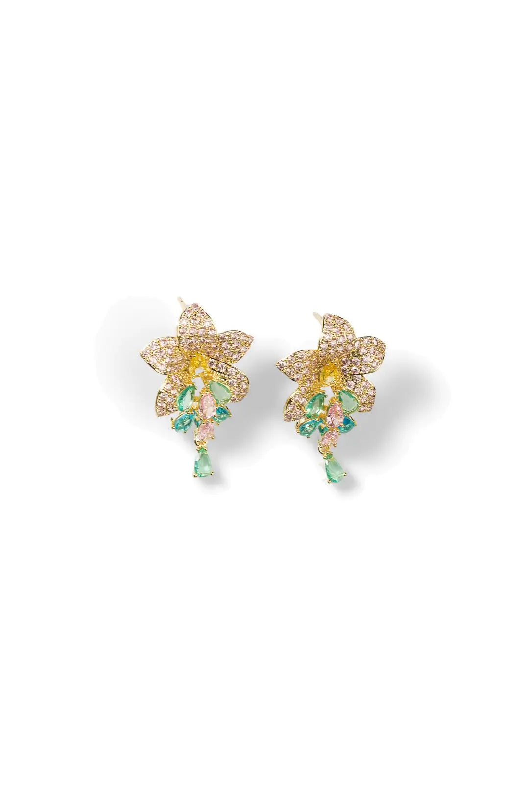 Aiko Tanaka Wakana earrings, gold crystal flowers with green and pink stone drops, on a white background