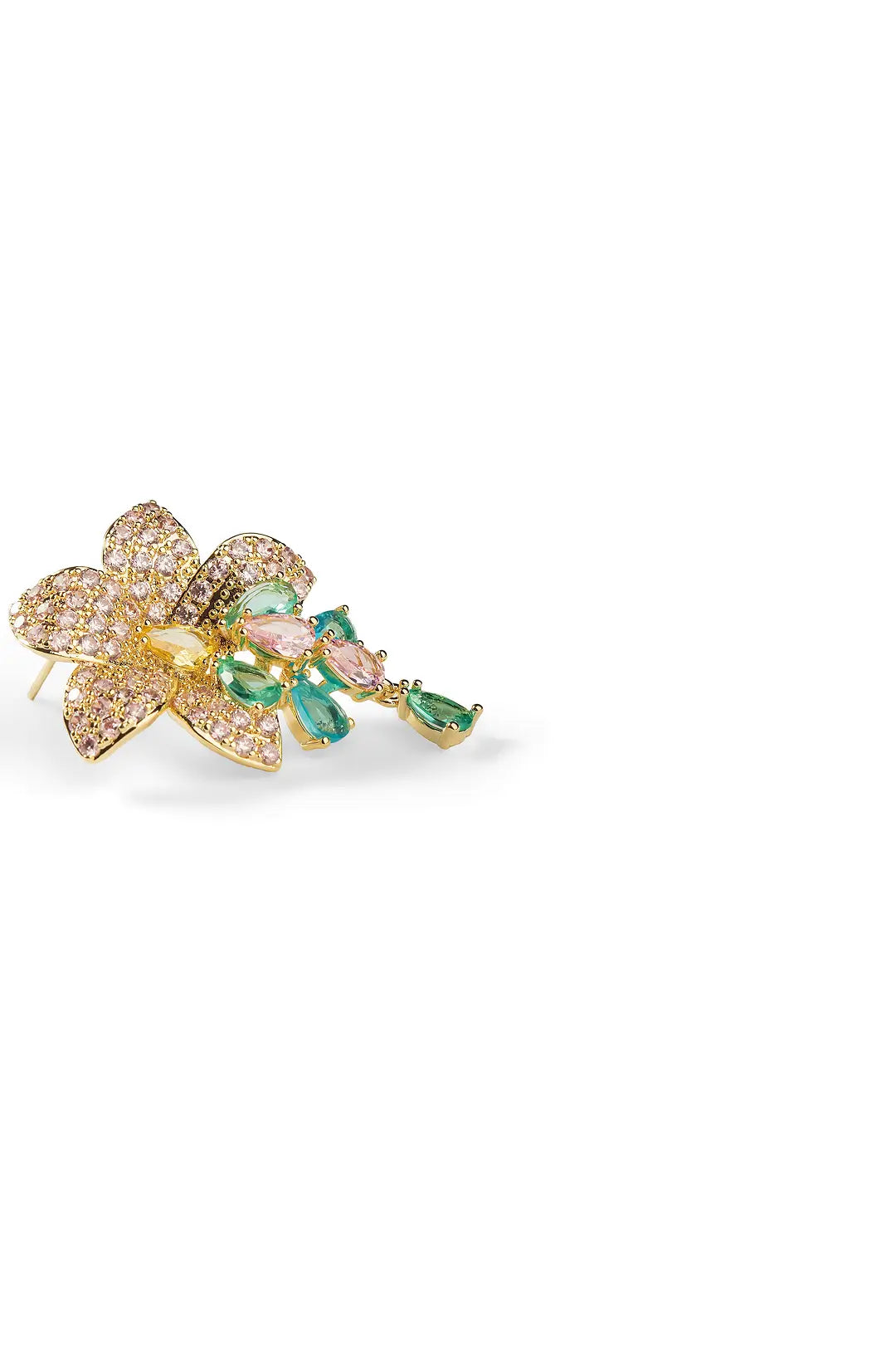 Side view of an Aiko Tanaka Wakana gold flower earring with green stone leaves and a pink drop, on white