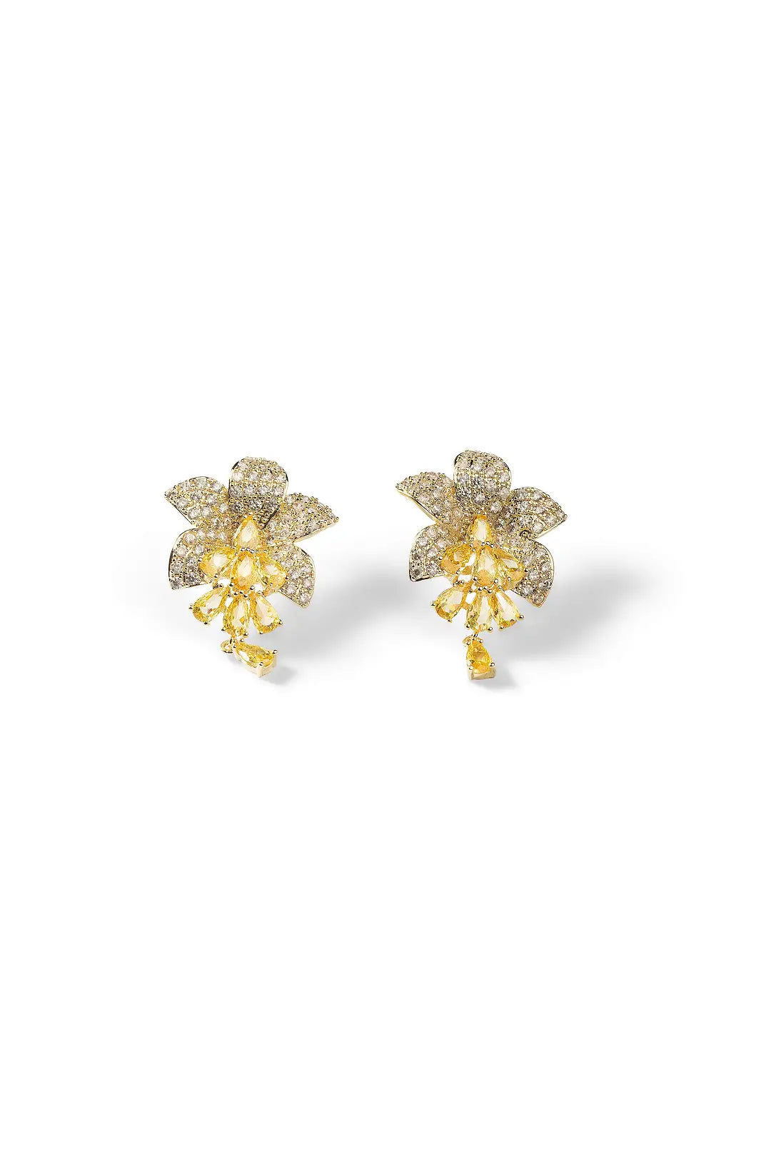 Aiko Tanaka Yoka earrings, gold pave crystal flower studs with yellow crystal tassel drops, on white