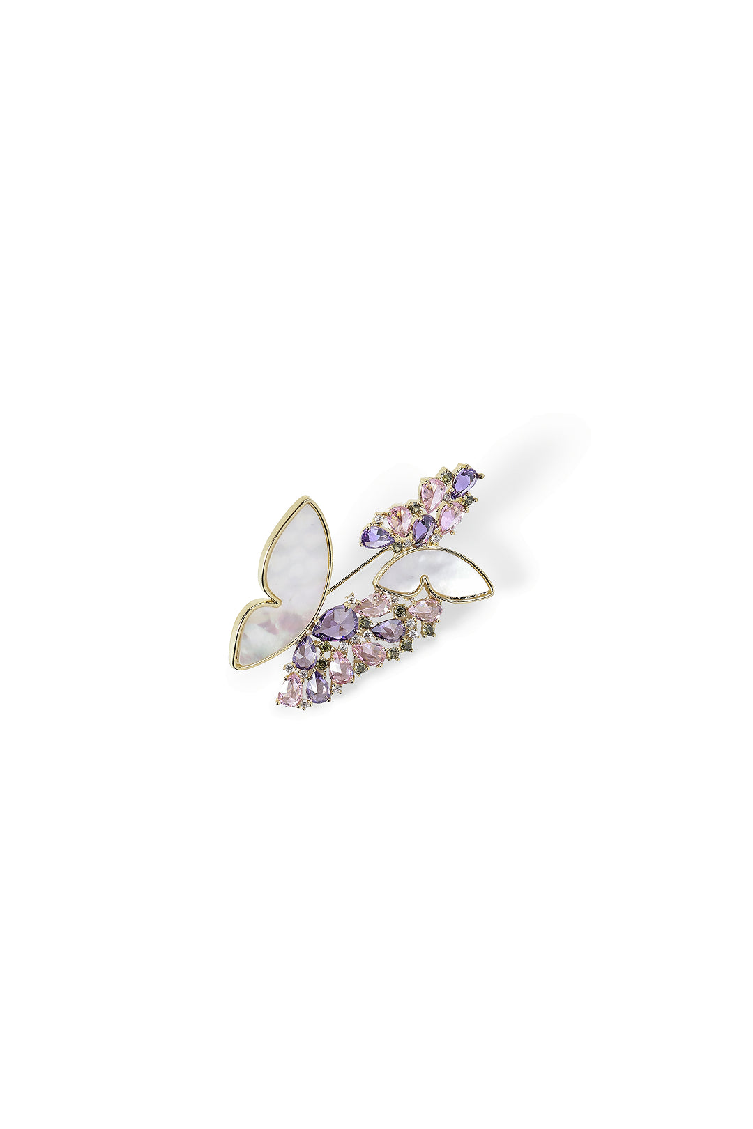 Aiko Tanaka Yume no Tsubasa butterfly brooch with mother-of-pearl wings and a cluster of purple crystals, on white