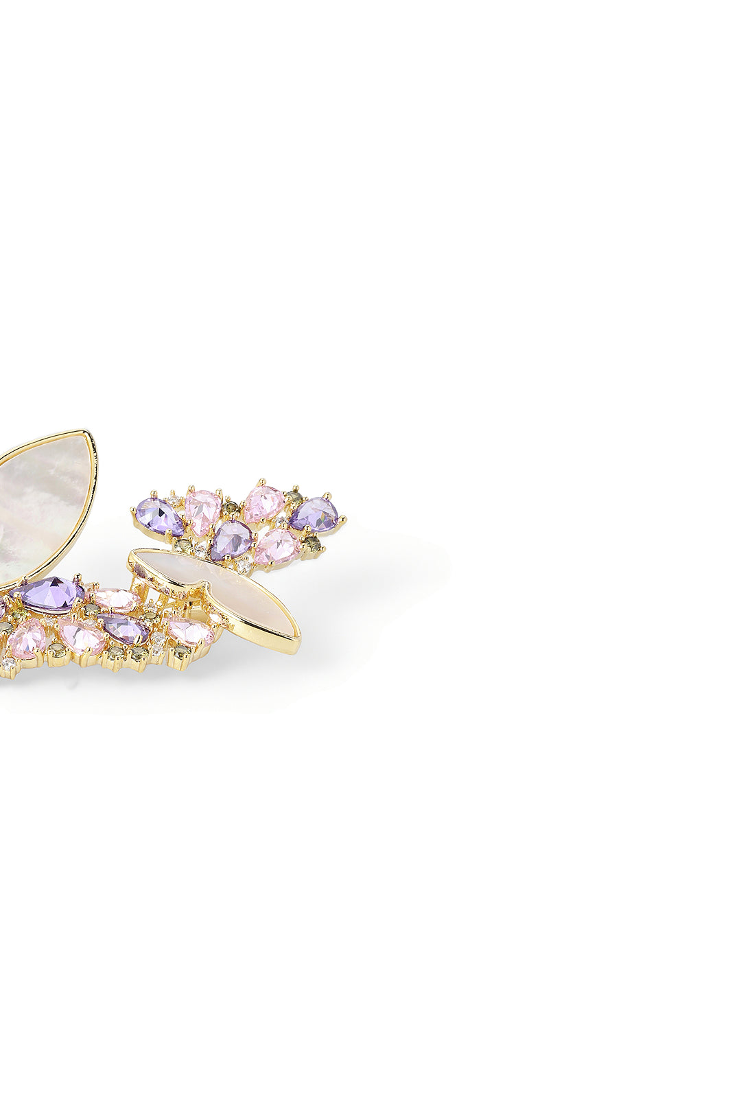 Side view of the Aiko Tanaka Yume no Tsubasa gold butterfly brooch with mother-of-pearl wings and lilac crystals